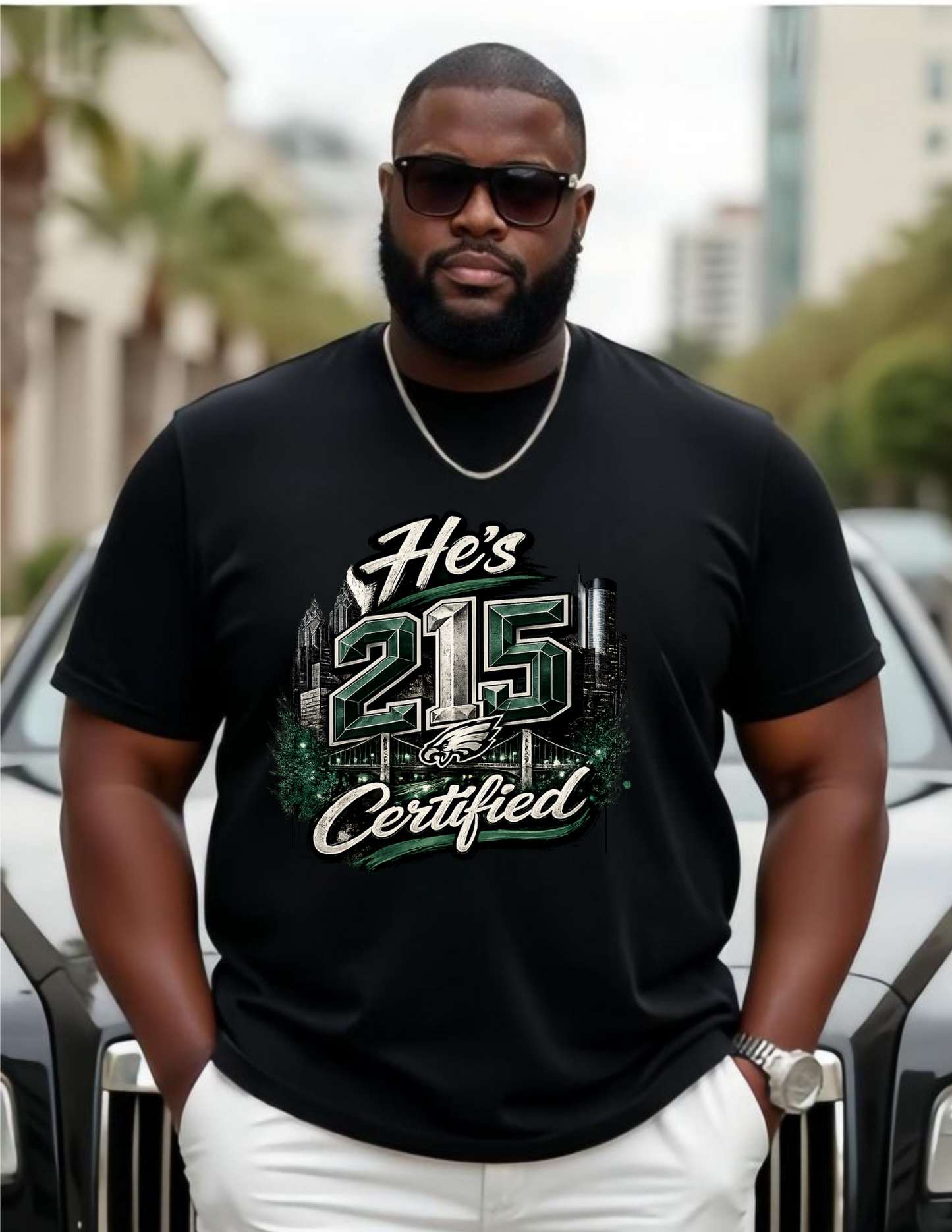 He's 215 Certified Tee - Philadelphia Eagles inspired city pride graphic on black short sleeve tee