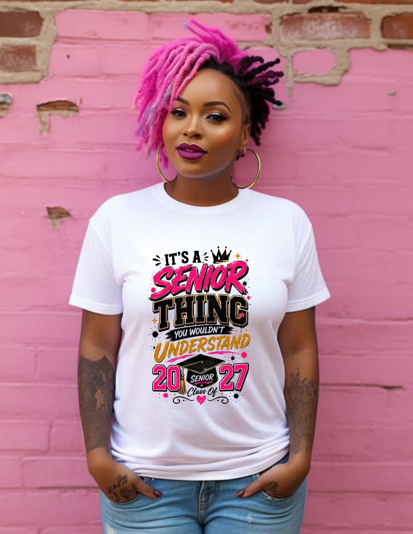 It's a Senior Thing Class of 2027 Tee - pink gold graduation graphic on white tee
