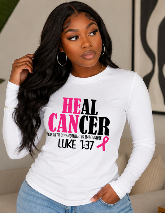 HEal CANcer Long Sleeve Tee - faith-based pink ribbon cancer awareness graphic on white long sleeve shirt