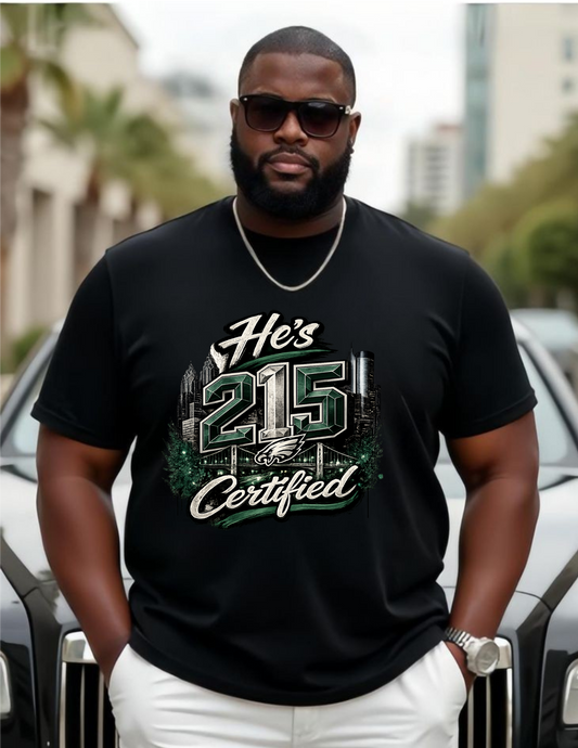 He's 215 Certified Tee - Philadelphia Eagles inspired city pride graphic on black short sleeve tee