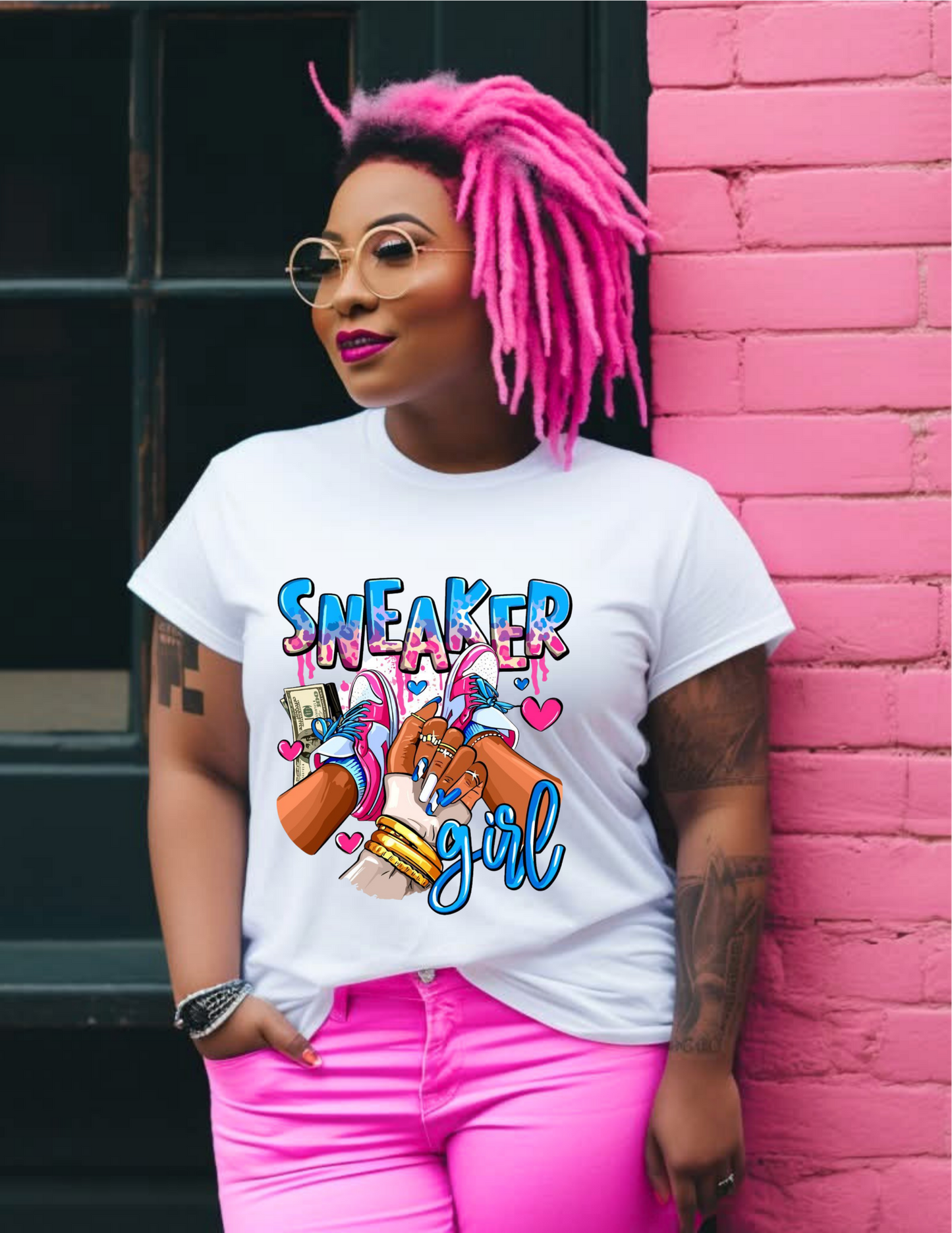 Sneaker Girl Graphic Tee – Blue & Pink Edition