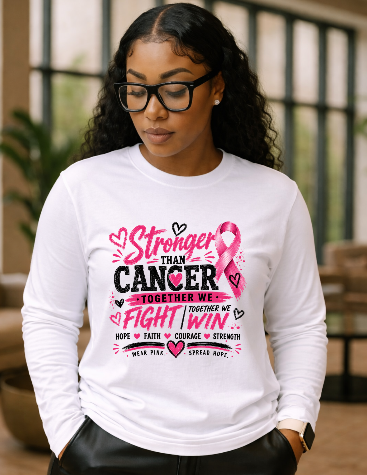 Stronger Than Cancer Long Sleeve Tee - pink ribbon breast cancer awareness graphic on white long sleeve shirt