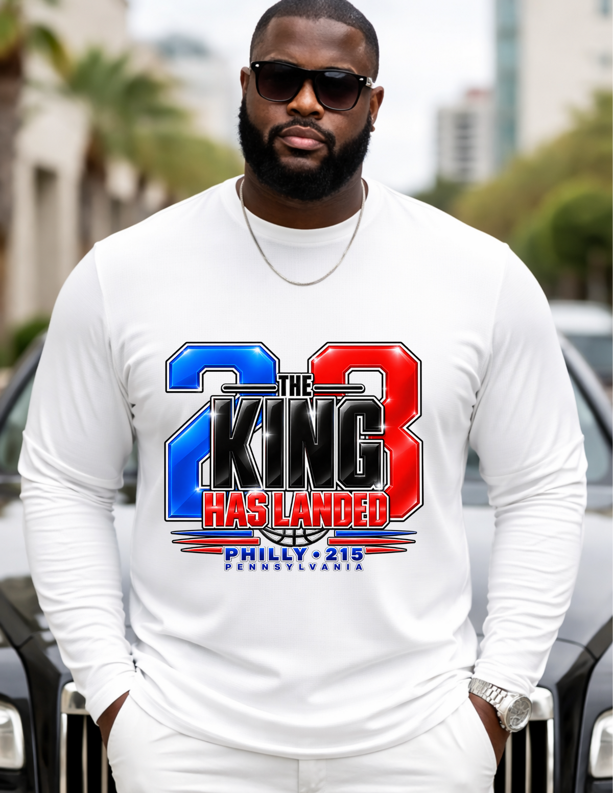 The King Has Landed Philly 215 Shirt – Red, Blue & Black Basketball Graphic Tee